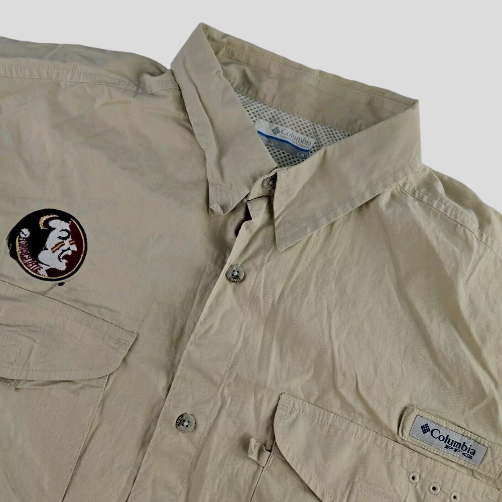 Columbia PFG Florida State‎ Mens Large Beige Short Sleeve Button Front Fishing